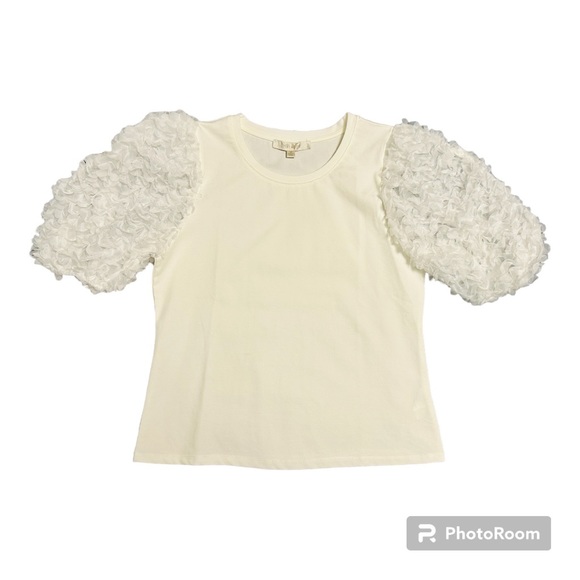 Anthropologie Rare Flat White Ruffle Sleeve Top Size M - Picture 2 of 7